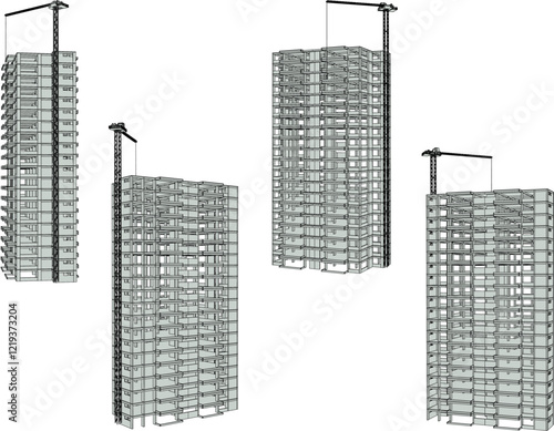 vector illustration of construction design of unfinished apartment hotel building under construction  