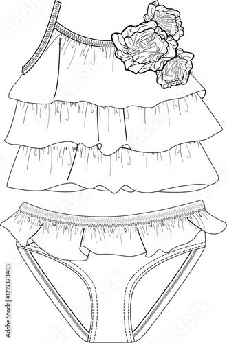 Baby girl swimsuit with triple layer ruffle detail and flower accent in black and white line drawing style
