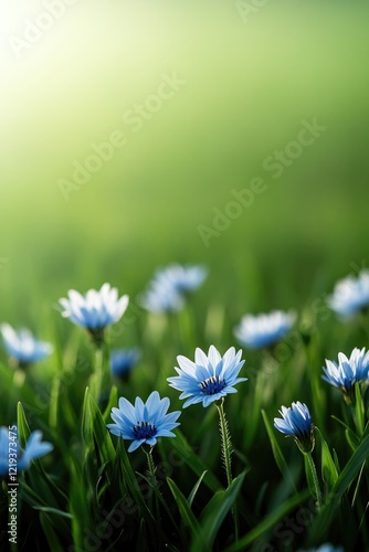 Delicate blue flowers bloom amidst lush green grass, creating se