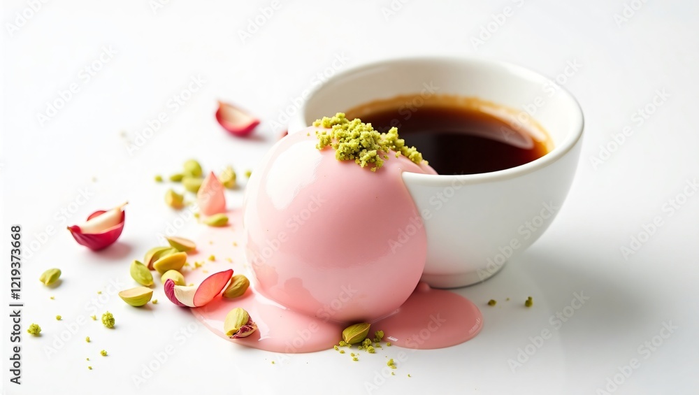 A scoop of rose-flavored gelato topped with hot espresso, garnished with crushed pistachios and dried rose petals, set against a crisp white background. A scoop of rose-flavored gelato topped with hot espresso, garnished with crushed pistachios and dried rose petals, set against a crisp white background.