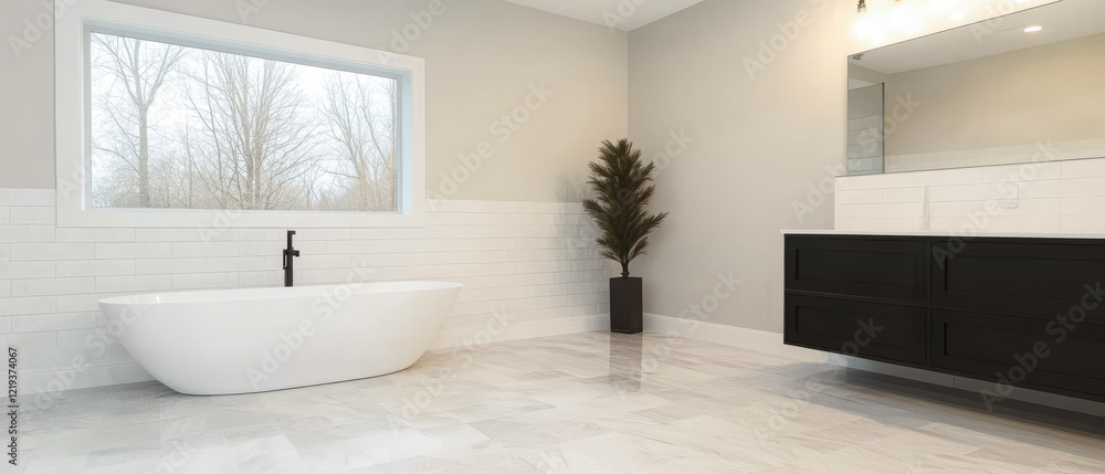 Fototapeta premium Modern bathroom featuring a freestanding tub and natural light from a large window