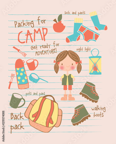 Little girl surrounded by camping gear while packing for outdoor adventure in hand-drawn vector style
