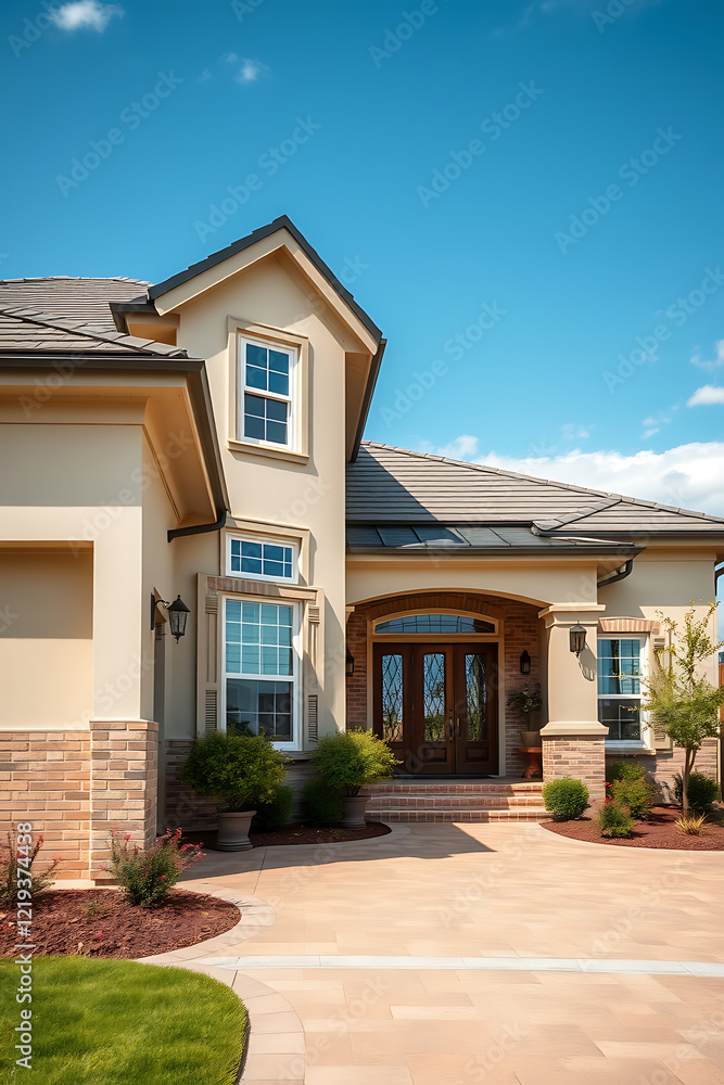 Fototapeta premium Luxury Home Exterior: Modern Architectural Design, Brick Facade, and Landscaped Entrance