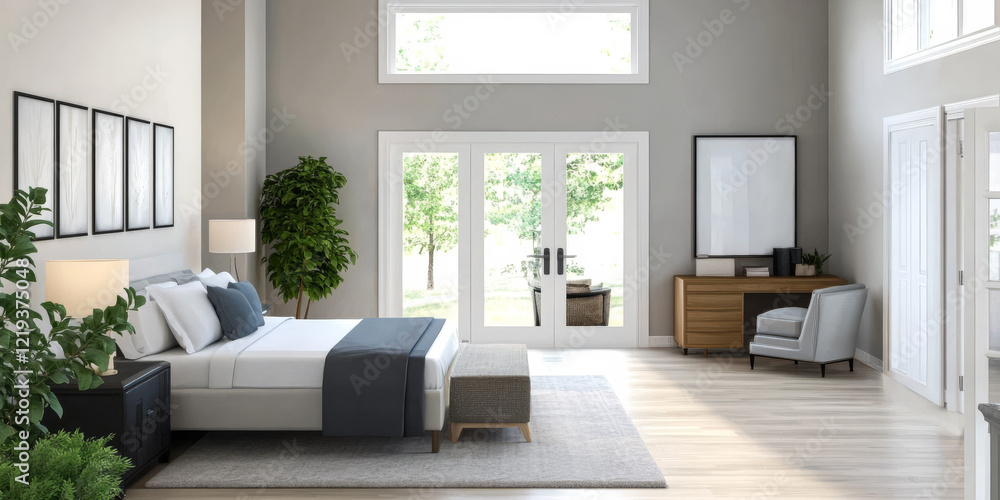 Modern bedroom interior with large windows and stylish furniture in bright natural light Modern bedroom interior with large windows and stylish furniture in bright natural light