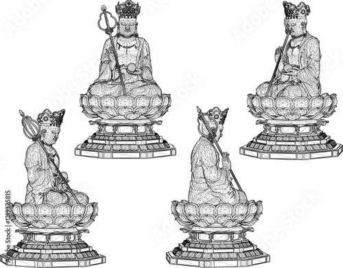 Vector sketch illustration of a sacred buddha statue decoration design meditating on a lotus flower 