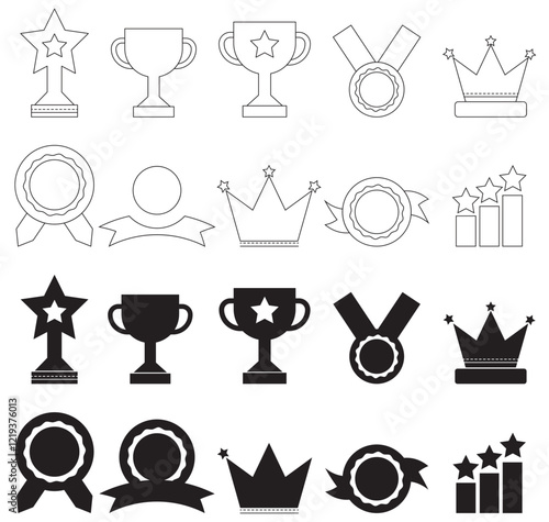 Award icons set. Winner medal, victory cup, and trophy reward