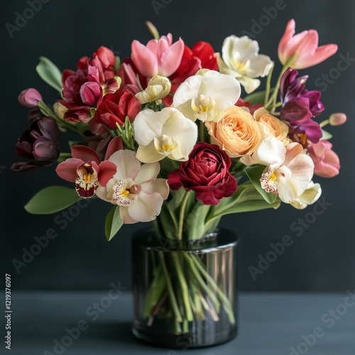 Wallpaper Mural vibrant bouquet of mixed flowers including orchids, tulips, and roses in glass vase, showcasing beautiful array of colors and textures, perfect for any occasion Torontodigital.ca