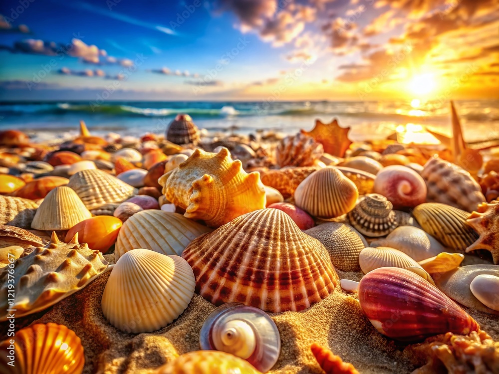 Seashell Beach: Nature's Delicate Art - Diverse Collection of Seashells on Sandy Shore Seashell Beach: Nature's Delicate Art - Diverse Collection of Seashells on Sandy Shore