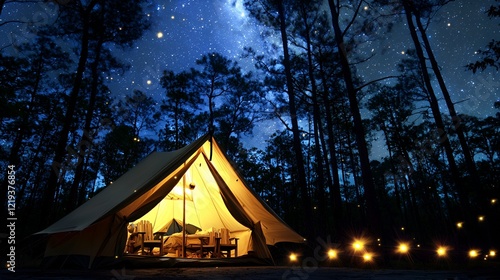 Wallpaper Mural Illuminated glamping tent under starry night sky in forest Torontodigital.ca