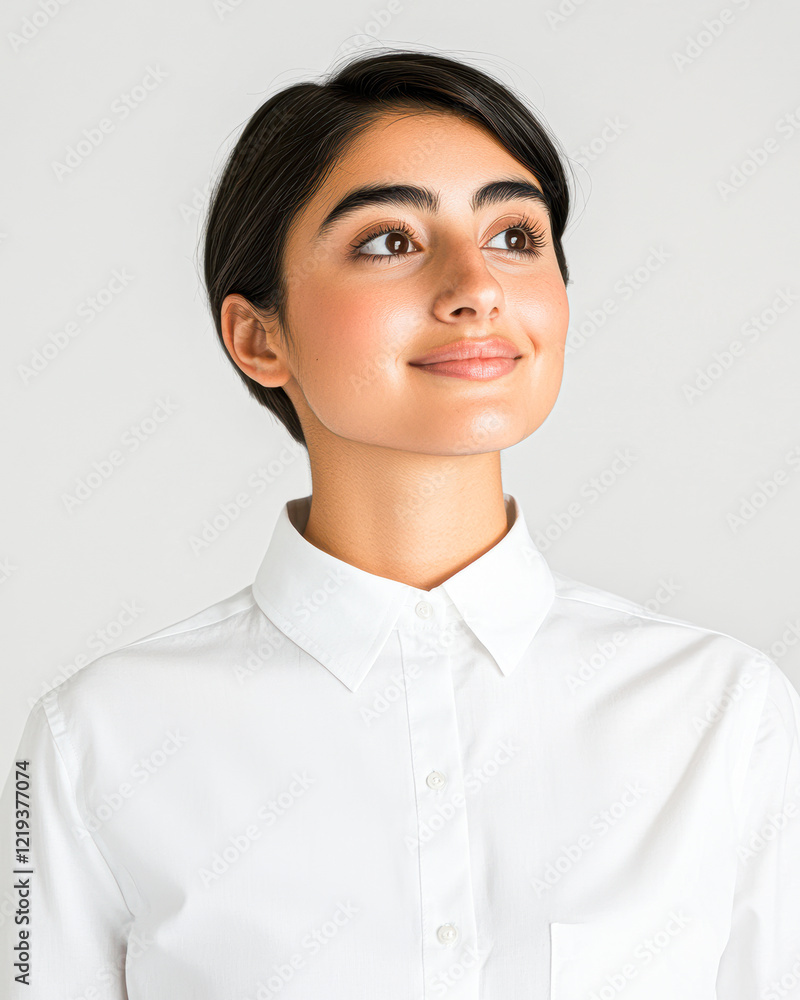 Confident young woman close-up portrait in bright empowering studio atmosphere Confident young woman close-up portrait in bright empowering studio atmosphere