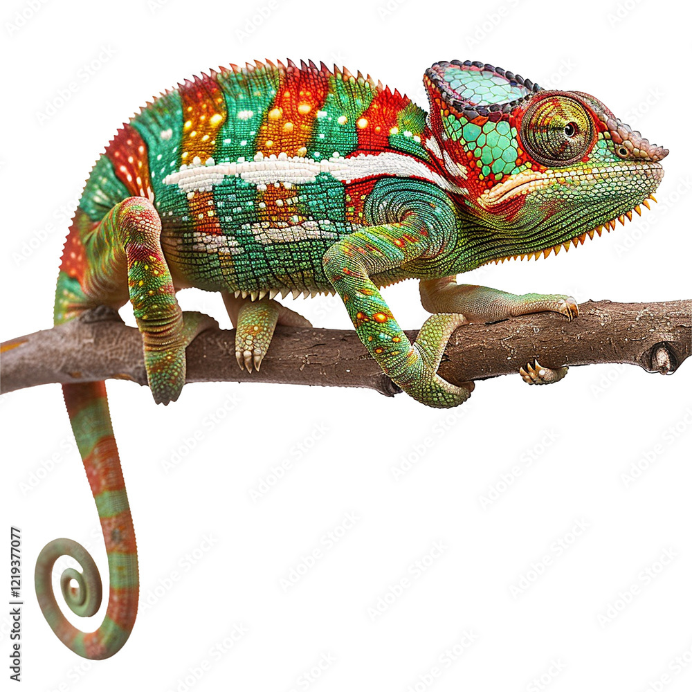 Fototapeta premium Vibrant Chameleon on Branch Exotic Reptile Colorful Scales