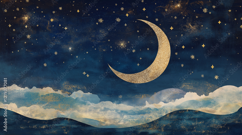 Fototapeta premium A mesmerizing night sky illuminated with a radiant golden crescent moon and countless sparkling stars scattered across the vast expanse