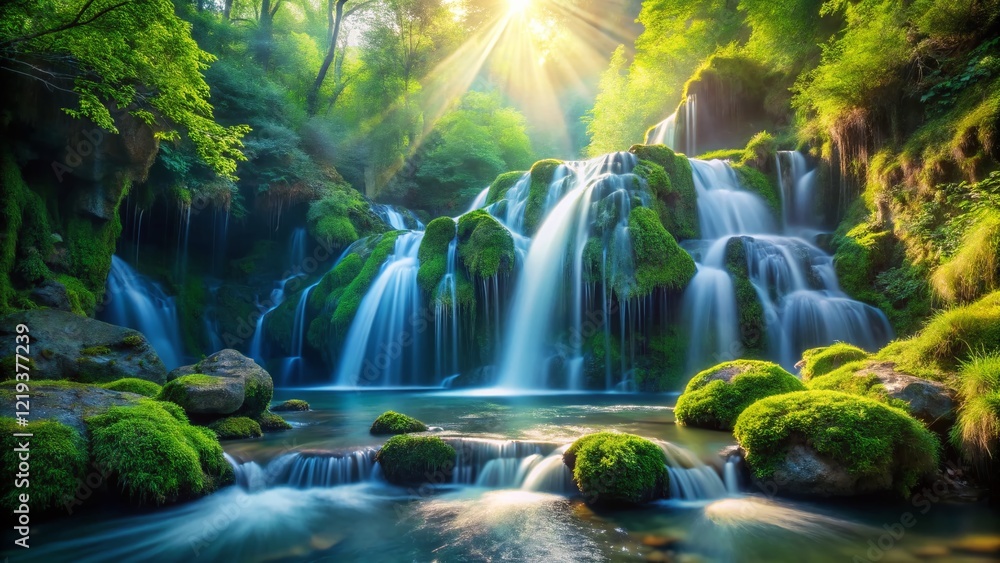 Fototapeta premium Secluded Waterfall in Lush Canyon - Stunning Bokeh Photography