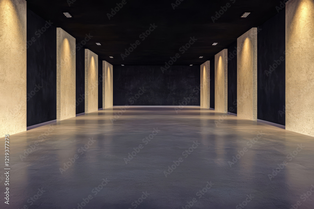 Modern exhibition space with soft lighting and polished floor in urban setting