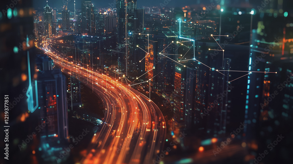 Smart digital Innovation city with connection network reciprocity over the twilight cityscape. of future smart wireless digital city and social media networking systems that connects people with city Smart digital Innovation city with connection network reciprocity over the twilight cityscape. of future smart wireless digital city and social media networking systems that connects people with city