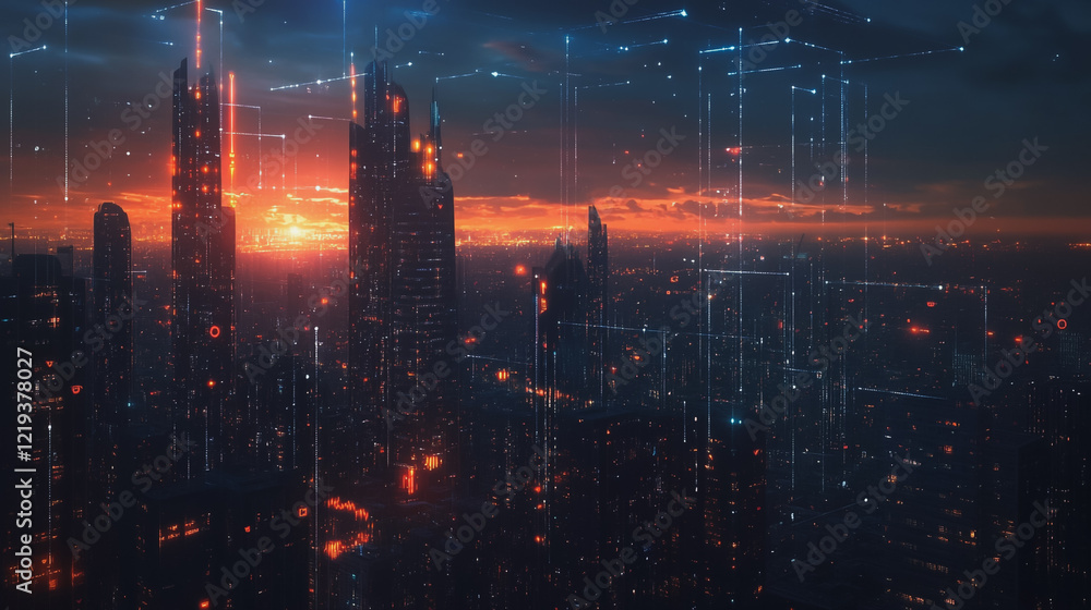 Obraz premium Smart digital Innovation city with connection network reciprocity over the twilight cityscape. of future smart wireless digital city and social media networking systems that connects people with city