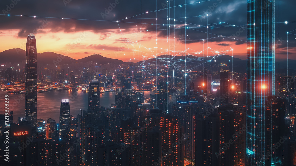 Fototapeta premium Smart digital Innovation city with connection network reciprocity over the twilight cityscape. of future smart wireless digital city and social media networking systems that connects people with city