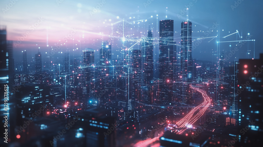 Smart digital Innovation city with connection network reciprocity over the twilight cityscape. of future smart wireless digital city and social media networking systems that connects people with city Smart digital Innovation city with connection network reciprocity over the twilight cityscape. of future smart wireless digital city and social media networking systems that connects people with city