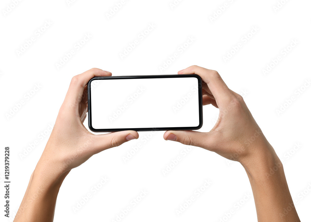 Man with modern smartphone on white background, closeup Man with modern smartphone on white background, closeup