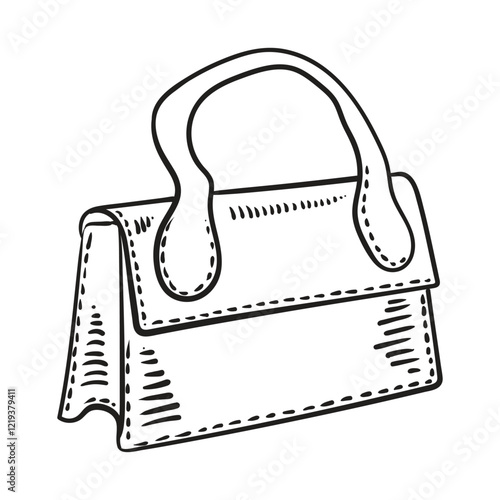 Women's bag drawn by hand with black ink. Vector handbag isolated on transparent background. Linear illustration sketch.