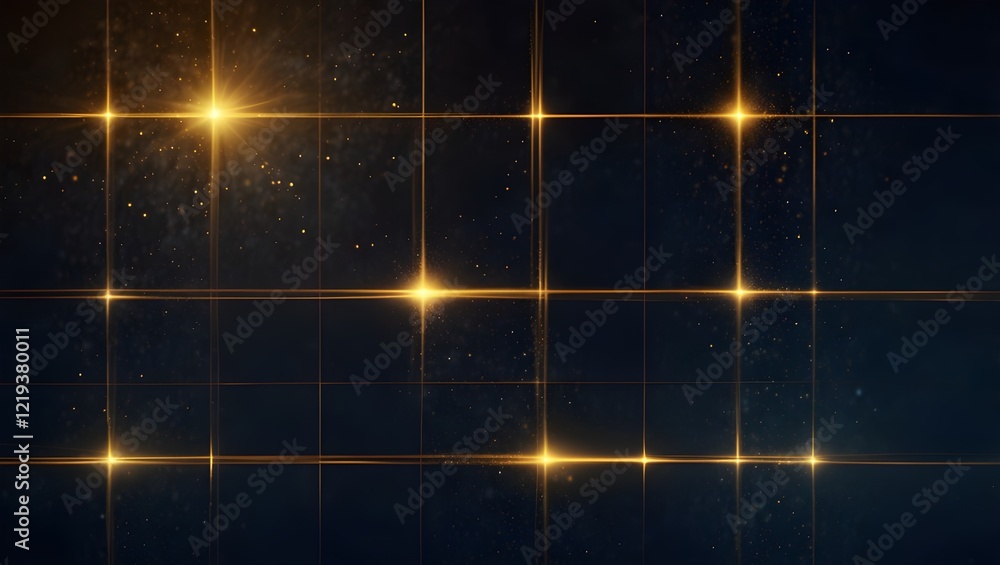 Obraz premium A dark blue grid image has intersecting golden lines, with glowing light at their cross points. 