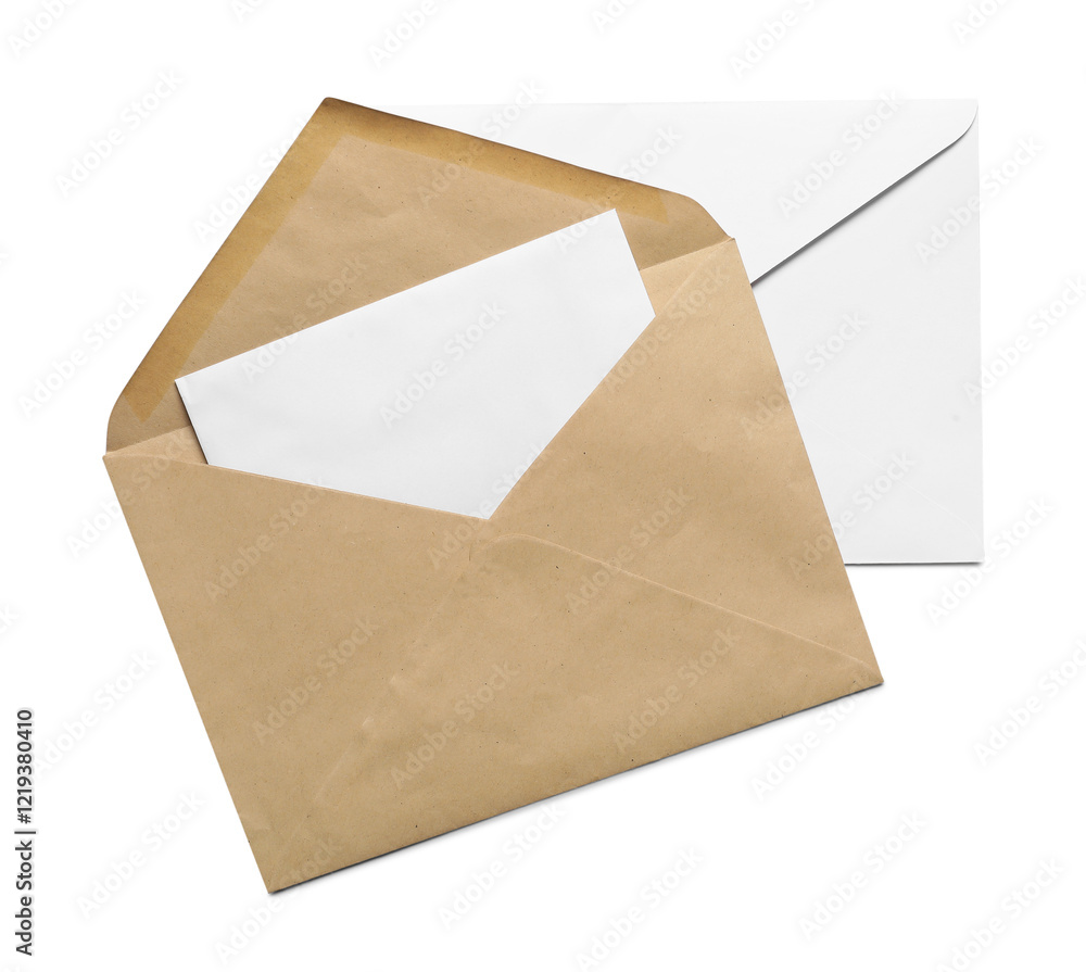 Envelopes with card isolated on white, top view. Mockup for design Envelopes with card isolated on white, top view. Mockup for design