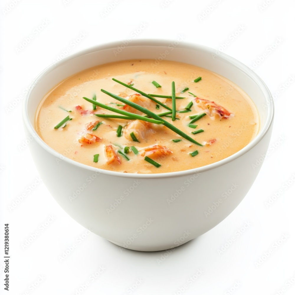 A hearty bowl of creamy lobster bisque garnished with chives, isolated white background, realist art style A hearty bowl of creamy lobster bisque garnished with chives, isolated white background, realist art style