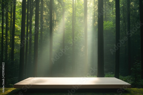 Sunlight streams through tall trees, illuminating simple platfor photo