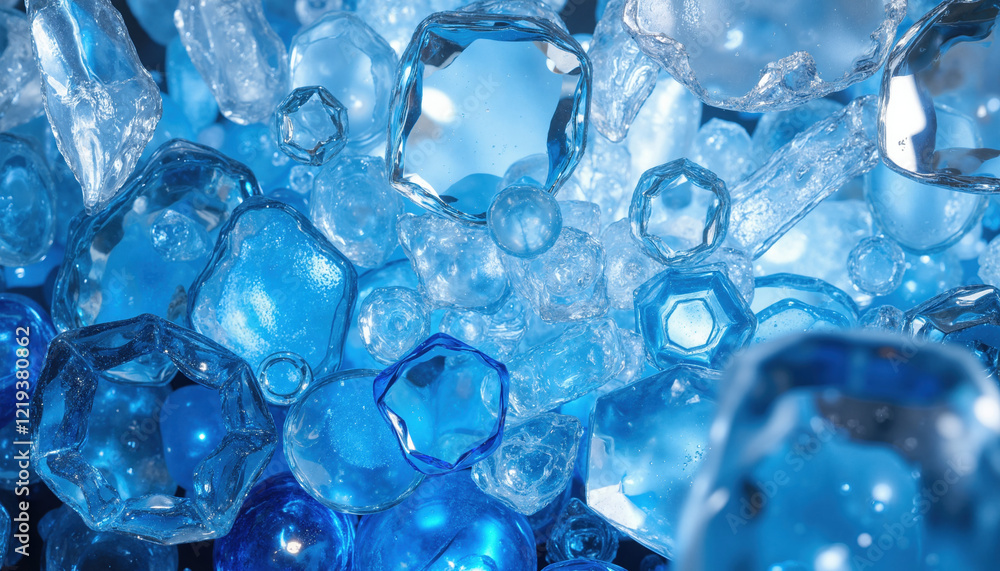 Assorted blue glass shapes with sparkling reflections
Assorted blue glass shapes with sparkling reflections