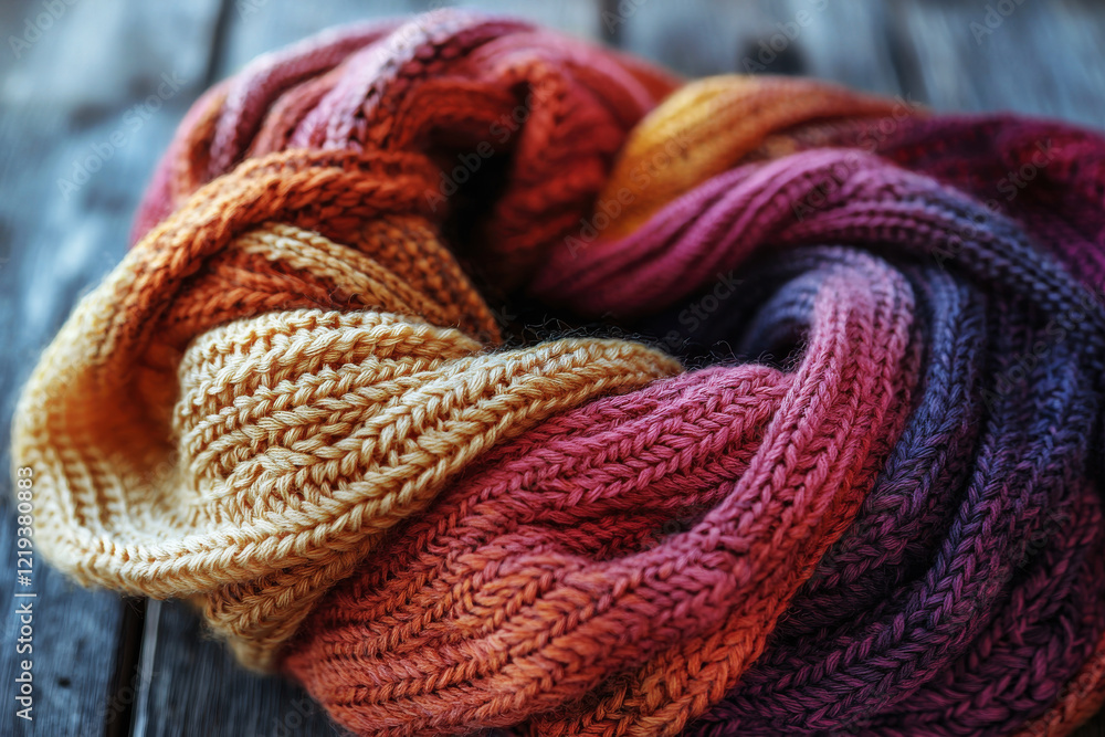 Fototapeta premium Close-up view of a beautifully knitted scarf in warm autumn shades on rustic wooden surface