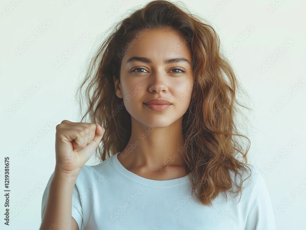 Woman in white shirt raising fist with determined expression. Woman in white shirt raising fist with determined expression.