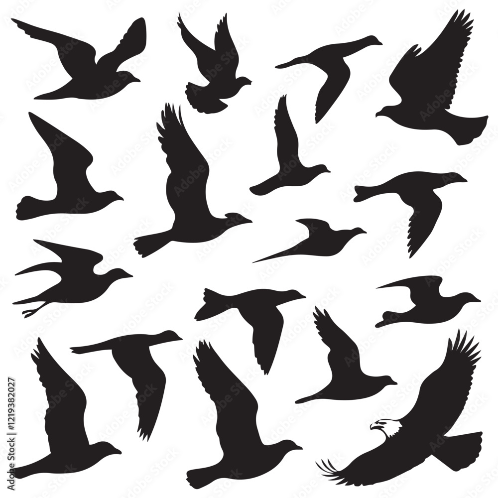 Flock of flying birds silhouette vector, Flying bird black silhouette vector set Flock of flying birds silhouette vector, Flying bird black silhouette vector set