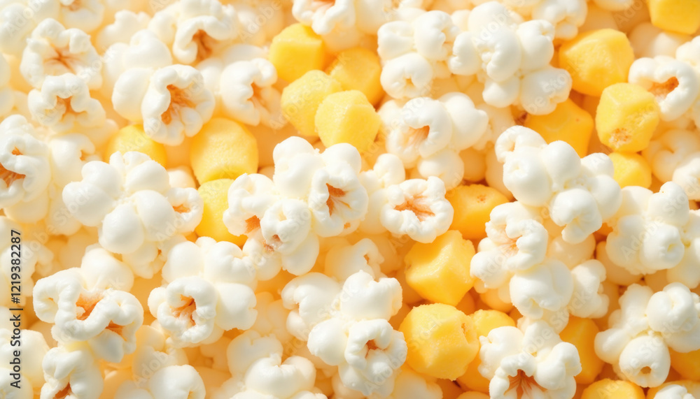 Popcorn and cheese cubes close-up on a bright surface
Popcorn and cheese cubes close-up on a bright surface