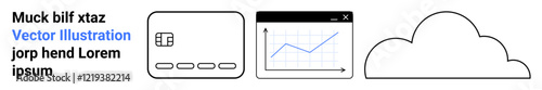 UI elements with minimal design including a grid icon, line chart in a dialog box, and cloud shape. Ideal for web development, data visualization, cloud computing, tech interfaces, educational