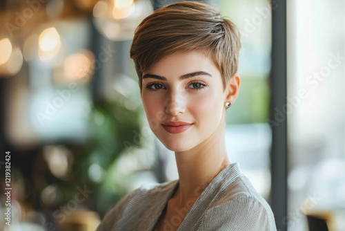 A young woman with short, neatly styled hair and natural makeup, wearing a striped blouse, smiling softly against a blurred indoor background with warm lighting.