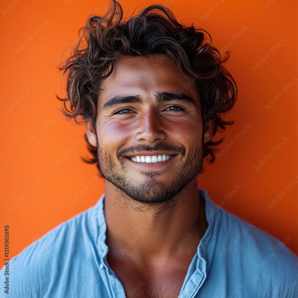 A person with curly hair smiling in front of an orange wall A person with curly hair smiling in front of an orange wall