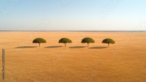 Endless golden landscape features four distinct trees casting lo