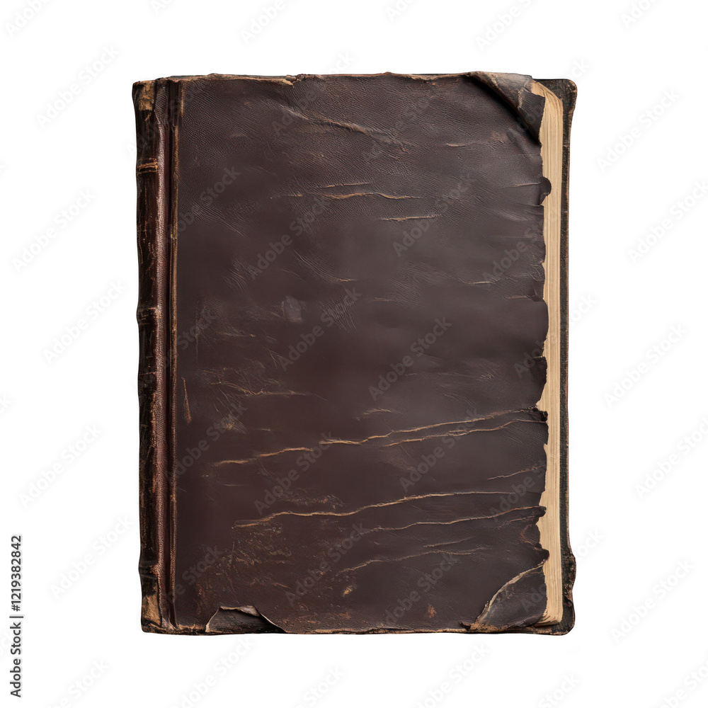 Fototapeta premium Worn vintage book with dark leather cover and aged pages showing historical character