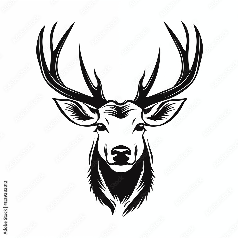 Deer head, deer with horns, icon, simple black and white sketch highlighted on a white background, without people, picture, image for printing on a T-shirt Deer head, deer with horns, icon, simple black and white sketch highlighted on a white background, without people, picture, image for printing on a T-shirt