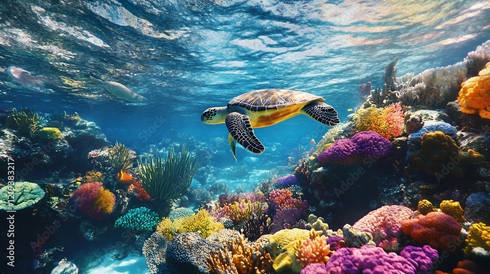 Fototapeta premium Sea Turtle Gracefully Swimming in Vibrant Coral Reef