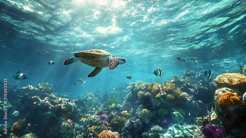 Fototapeta premium Stunning Underwater Scene with Sea Turtle and Vibrant Coral Reef