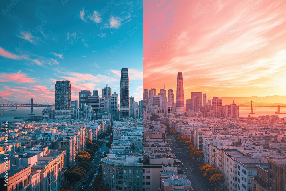 Cityscape transitioning from daylight to sunset with striking colors. Cityscape transitioning from daylight to sunset with striking colors.