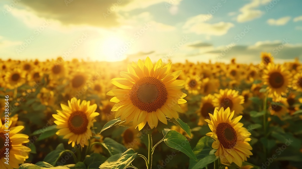 Fototapeta premium Golden Sunflowers at Sunset: A Summer Field of Blooms