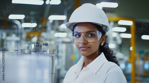 Empowered Leadership: Indian Woman Manager Ensuring Factory Efficiency. With a white helmet and safety glasses, an Indian woman manager takes charge of factory productivity. Writin photo