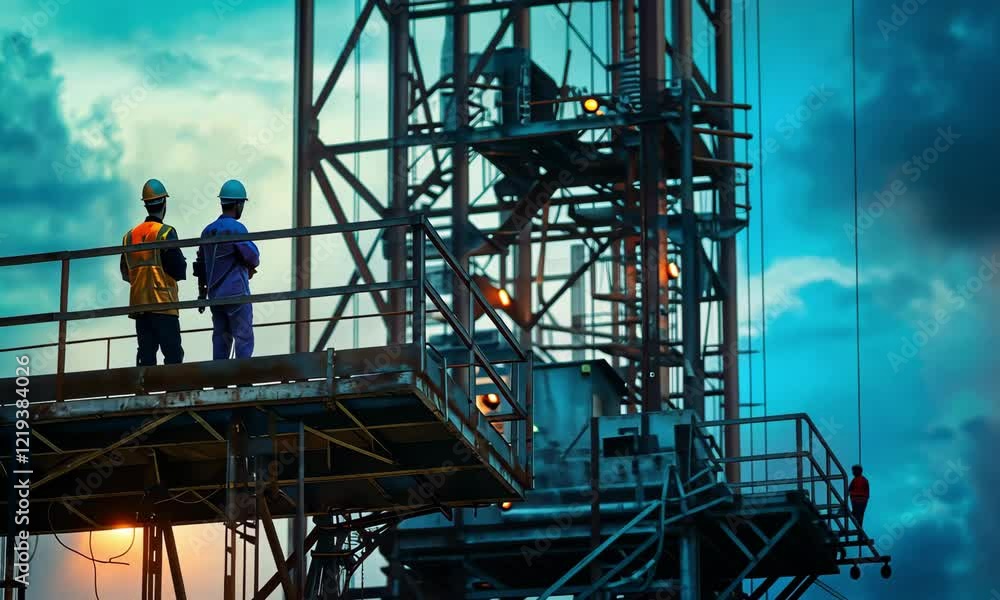Workers observe operations at an oil drill site during sunset in a remote location with industrial structures in the background Workers observe operations at an oil drill site during sunset in a remote location with industrial structures in the background