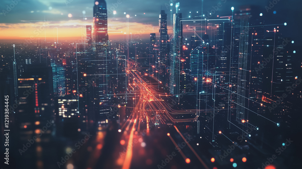 Smart digital Innovation city with connection network reciprocity over the twilight cityscape. of future smart wireless digital city and social media networking systems that connects people with city Smart digital Innovation city with connection network reciprocity over the twilight cityscape. of future smart wireless digital city and social media networking systems that connects people with city