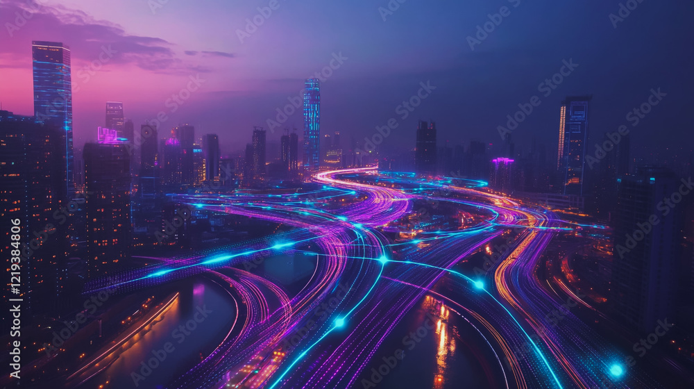 Fototapeta premium Smart digital Innovation city with connection network reciprocity over the twilight cityscape. of future smart wireless digital city and social media networking systems that connects people with city