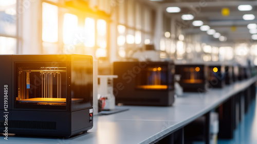 State-of-the-art 3D printers arranged in a well-lit modern workshop, using daylight to highlight the precision of the machines. tate-of-the-art 3D printers, modern workshop, precis photo