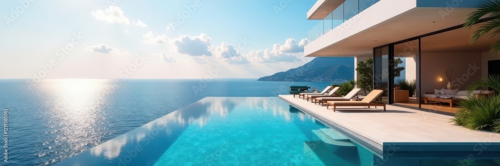 Fototapeta premium Modern house, infinity pool overlooking ocean, lines, estate