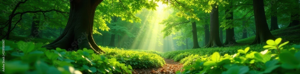 Fototapeta premium Lush green canopy, vibrant new leaves, sunlight dappled forest floor, perspective, overhead